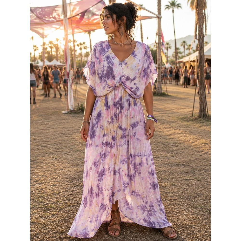 Elan Living Free Tie Dye Twist Front Boho Festival Rayon Midi Dress NWT S